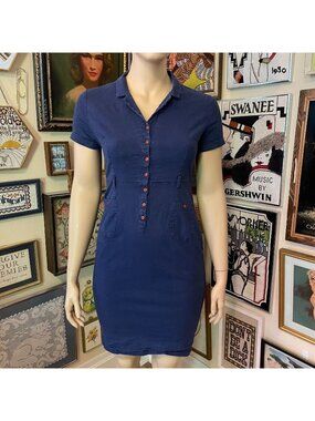 Collectif Navy Button-Front Short Sleeve Collared Cotton Spandex Dress 2XL